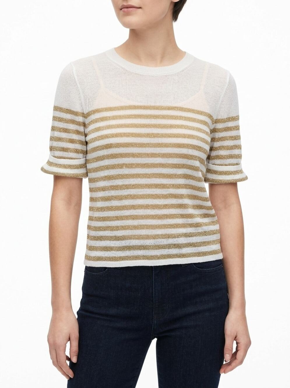 J.Crew Gold Metallic Striped Ruffle Sleeve Sheer Knit Top Women Size S